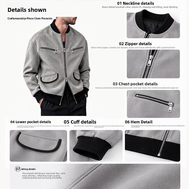 Men's Stand Collar Zipper Jacket Solid Color Casual Long Sleeve Outerwear
