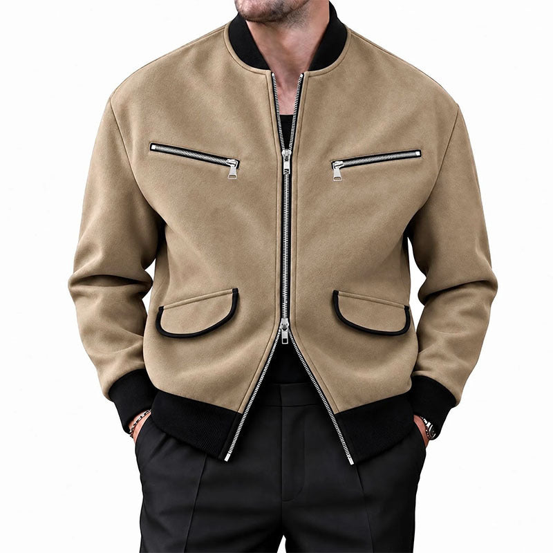 Men's Stand Collar Zipper Jacket Solid Color Casual Long Sleeve Outerwear