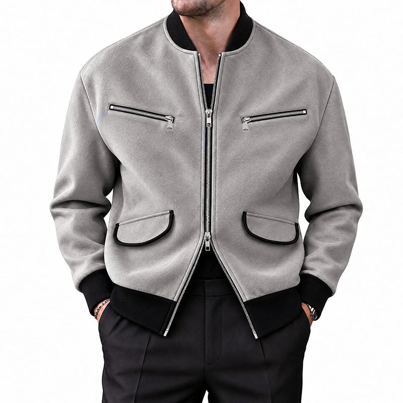 Men's Stand Collar Zipper Jacket Solid Color Casual Long Sleeve Outerwear