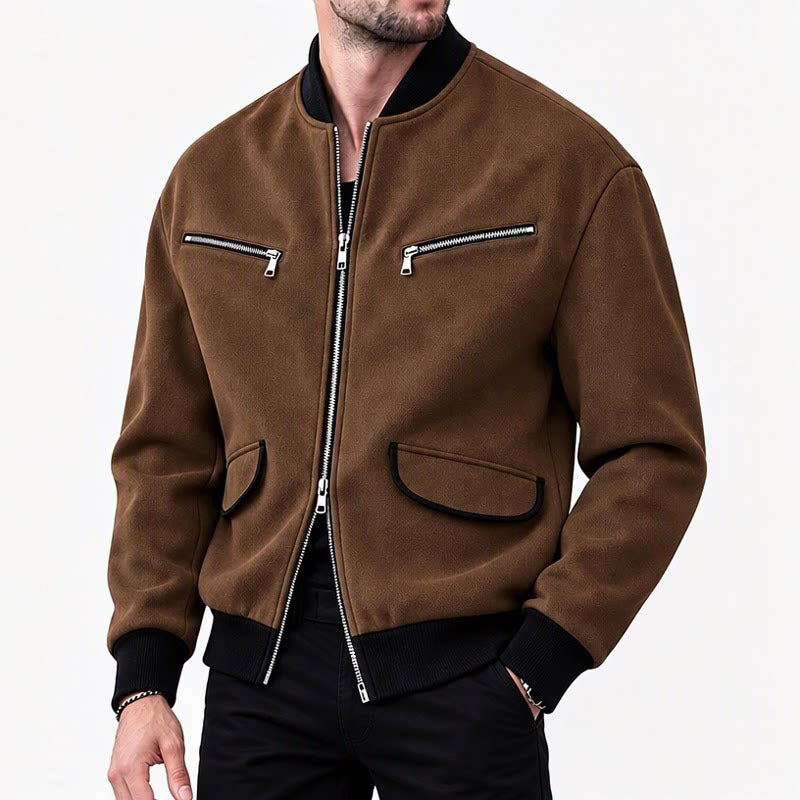 Men's Stand Collar Zipper Jacket Solid Color Casual Long Sleeve Outerwear