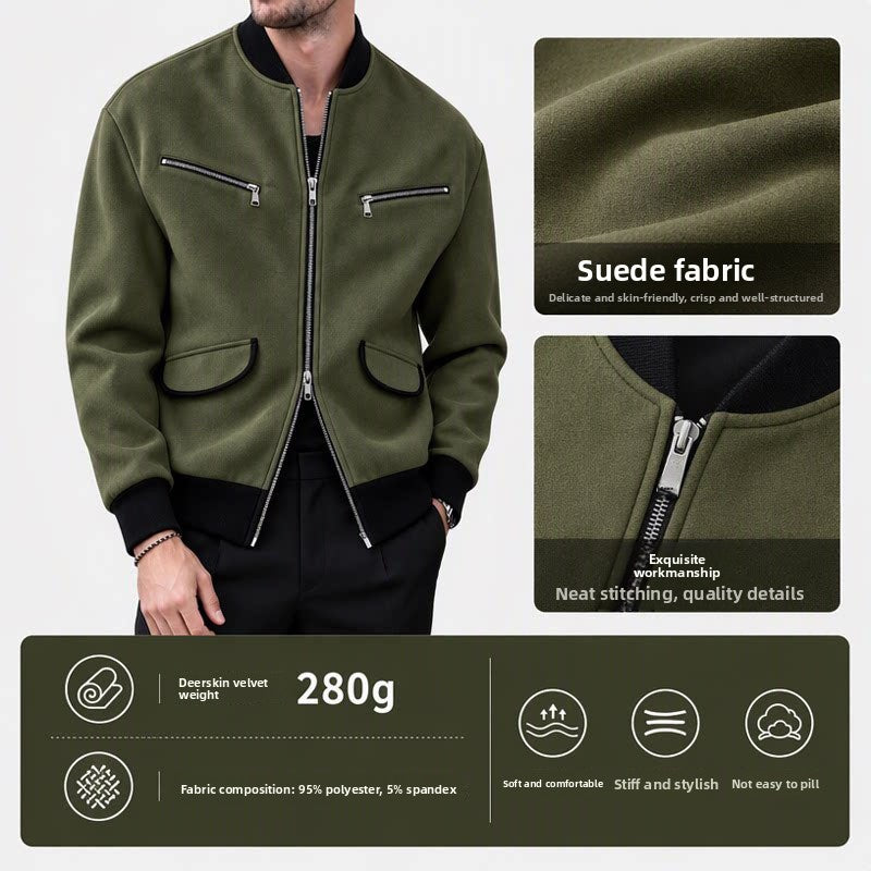 Men's Stand Collar Zipper Jacket Solid Color Casual Long Sleeve Outerwear