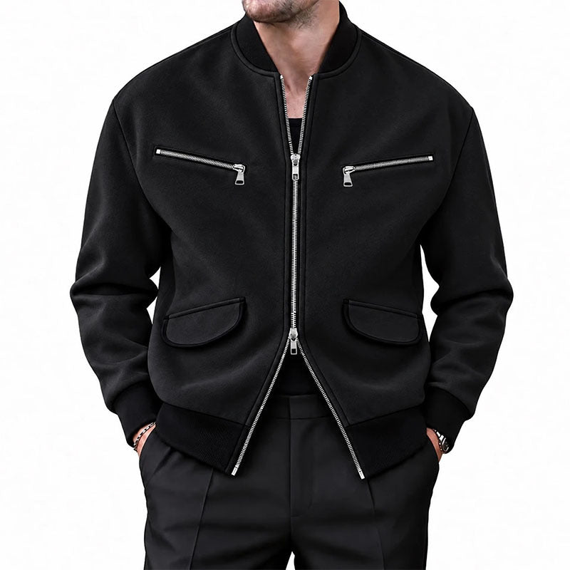 Men's Stand Collar Zipper Jacket Solid Color Casual Long Sleeve Outerwear