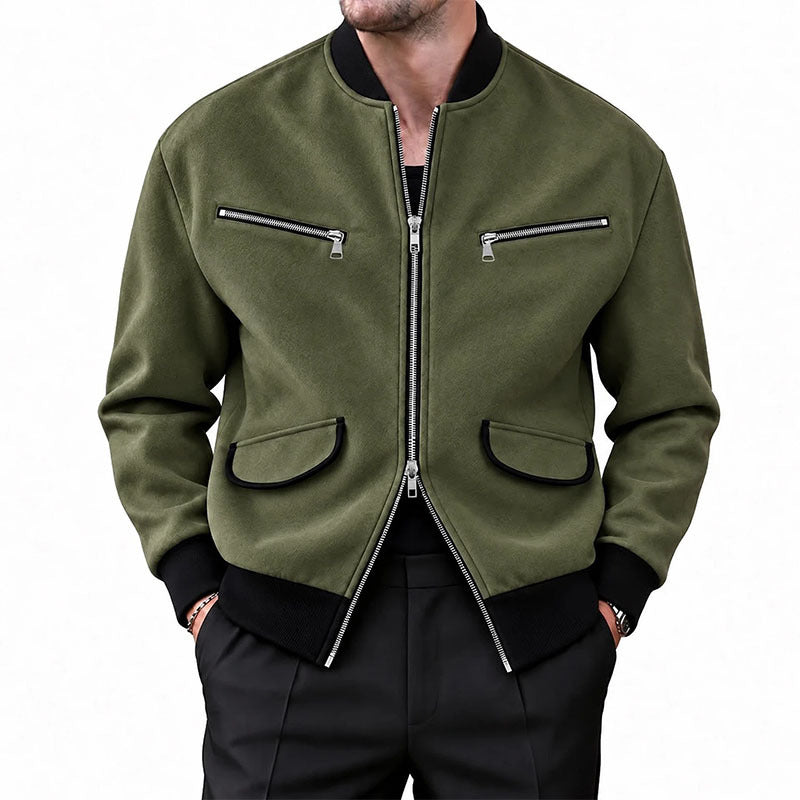 Men's Stand Collar Zipper Jacket Solid Color Casual Long Sleeve Outerwear