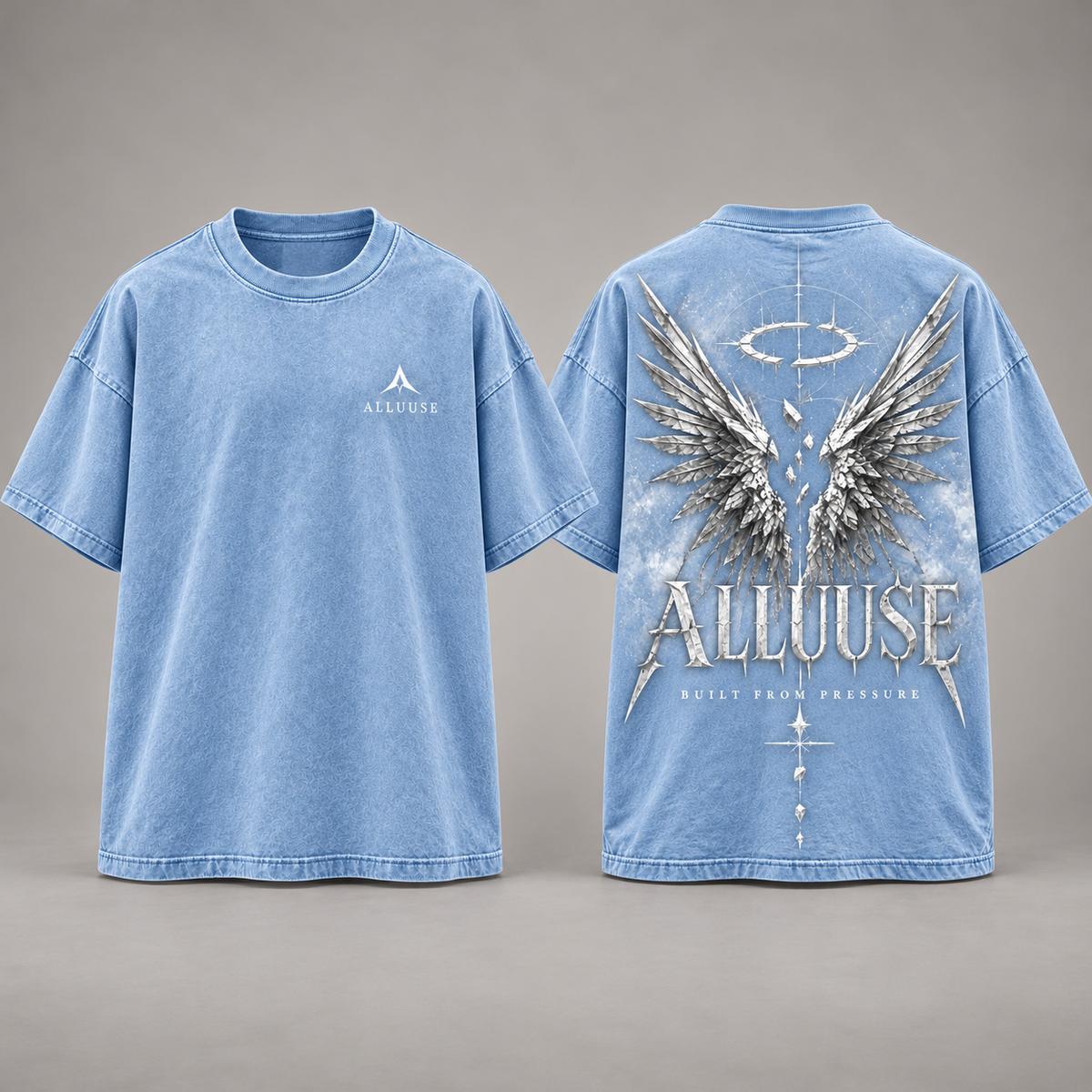 ALLUUSE Built From Pressure T-shirt in Baby Blue, front and back