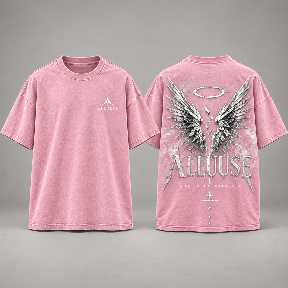 ALLUUSE Built From Pressure T-shirt in Baby Pink, front and back