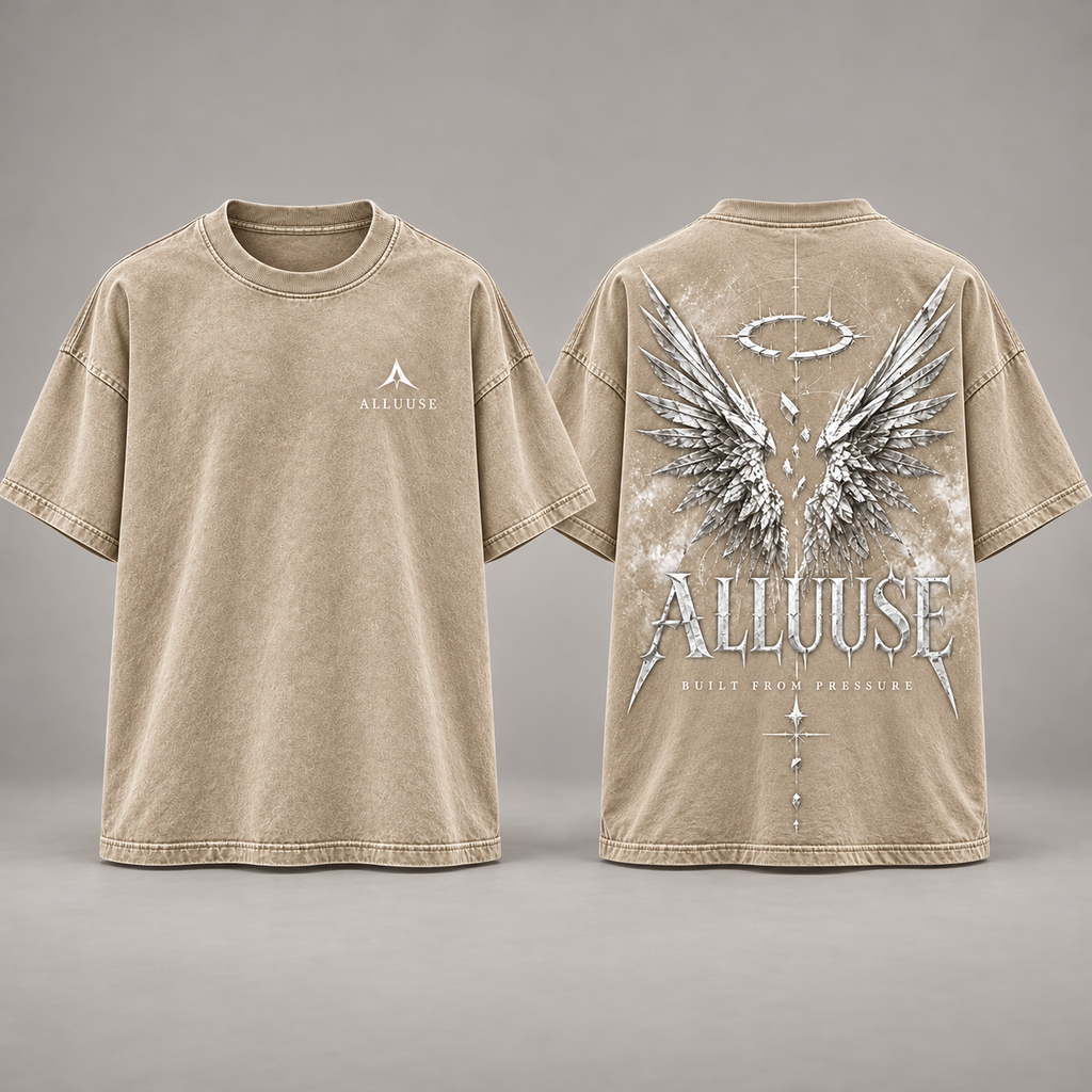 ALLUUSE Built From Pressure T-shirt in Beige, front and back