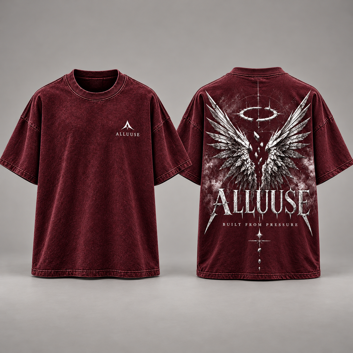 ALLUUSE Built From Pressure T-shirt in Burgundy, front and back