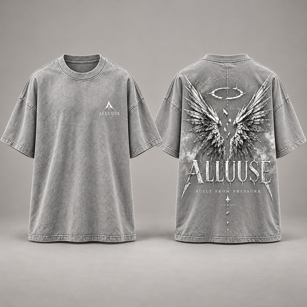 ALLUUSE Built From Pressure T-shirt in Light Grey, front and back