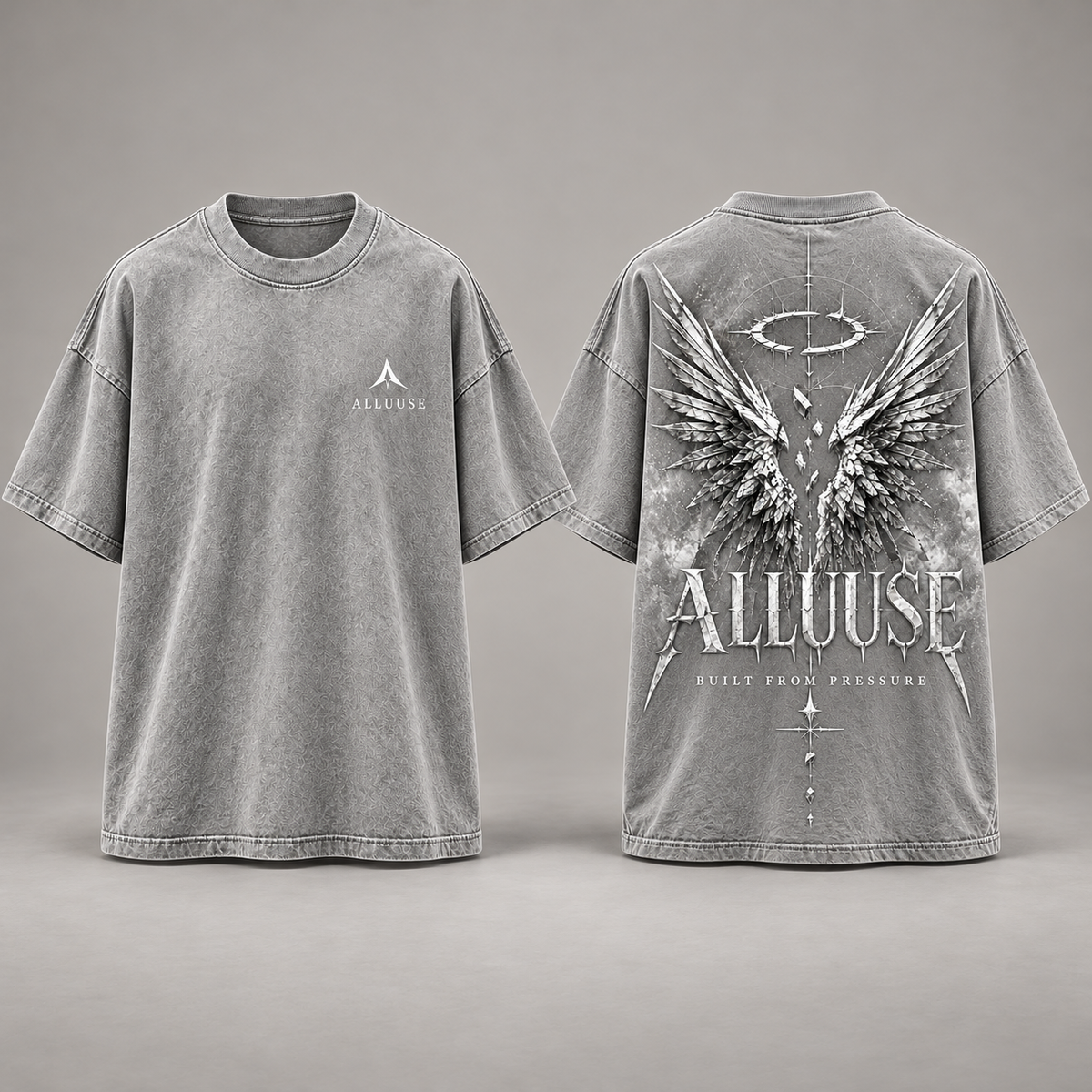 ALLUUSE Built From Pressure T-shirt in Light Grey, front and back