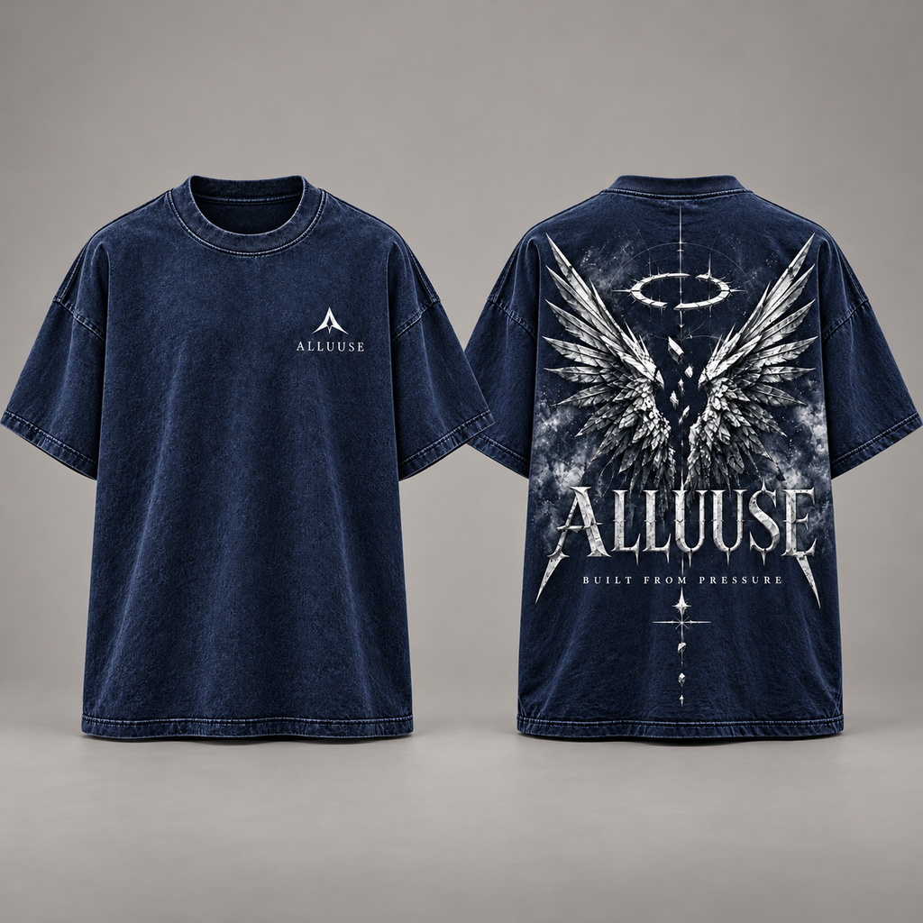 ALLUUSE Built From Pressure T-shirt in Navy, front and back