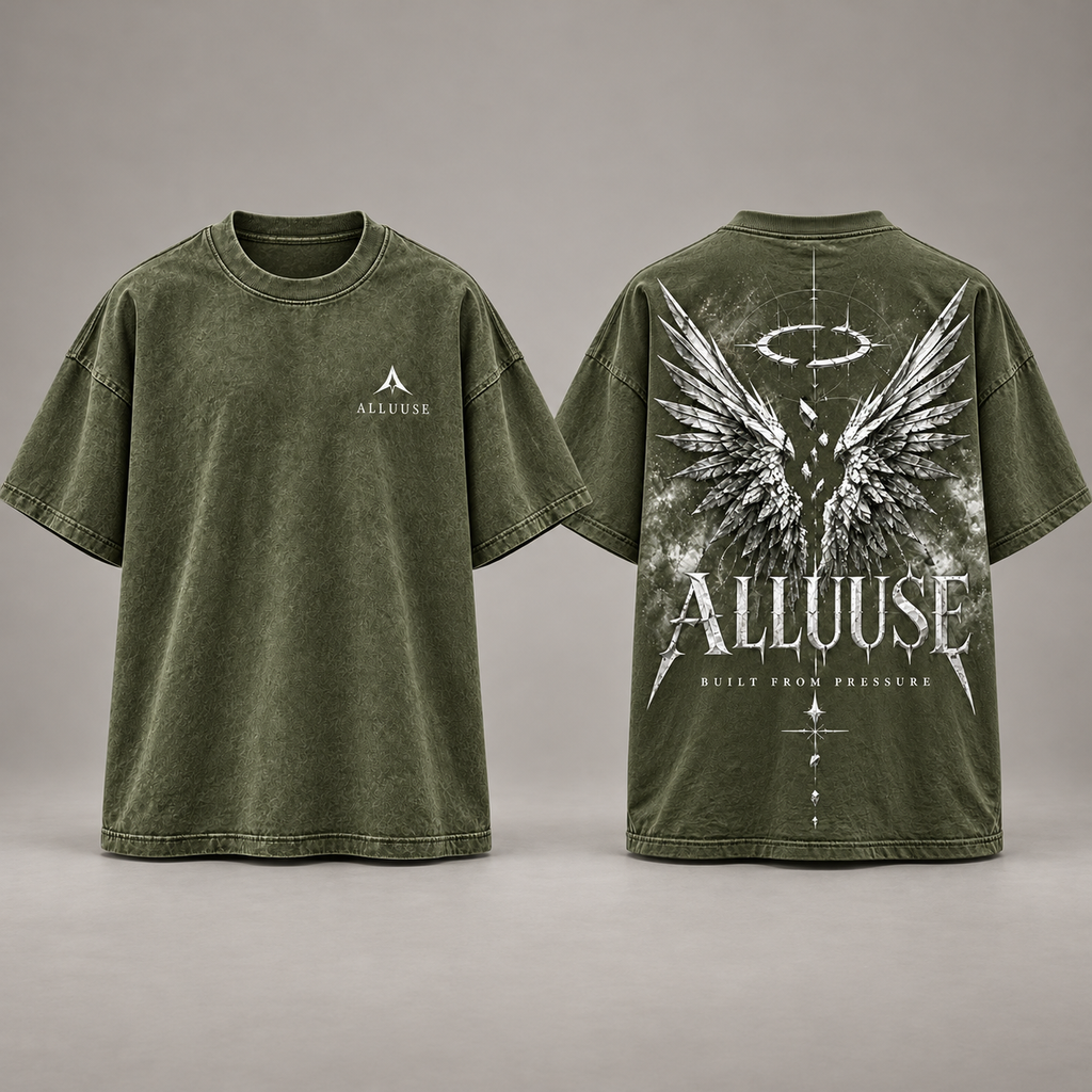 ALLUUSE Built From Pressure T-shirt in Olive Green, front and back