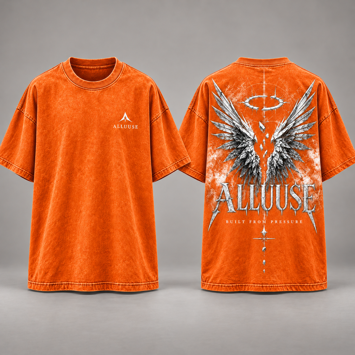 ALLUUSE Built From Pressure T-shirt in Orange, front and back
