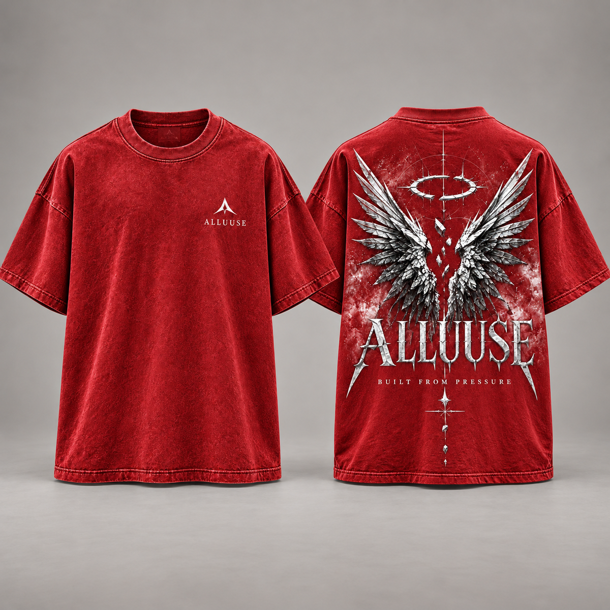 ALLUUSE Built From Pressure T-shirt in Red, front and back