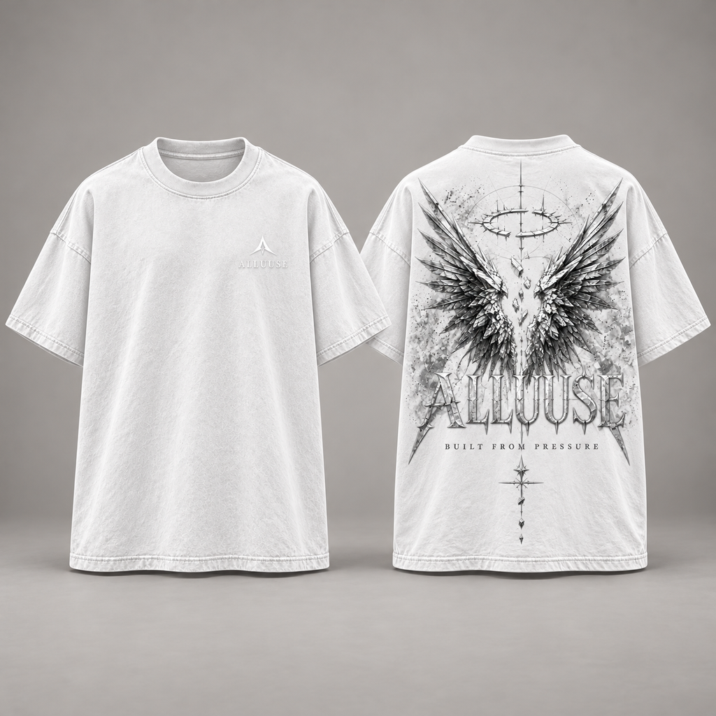 ALLUUSE Built From Pressure T-shirt in White, front and back