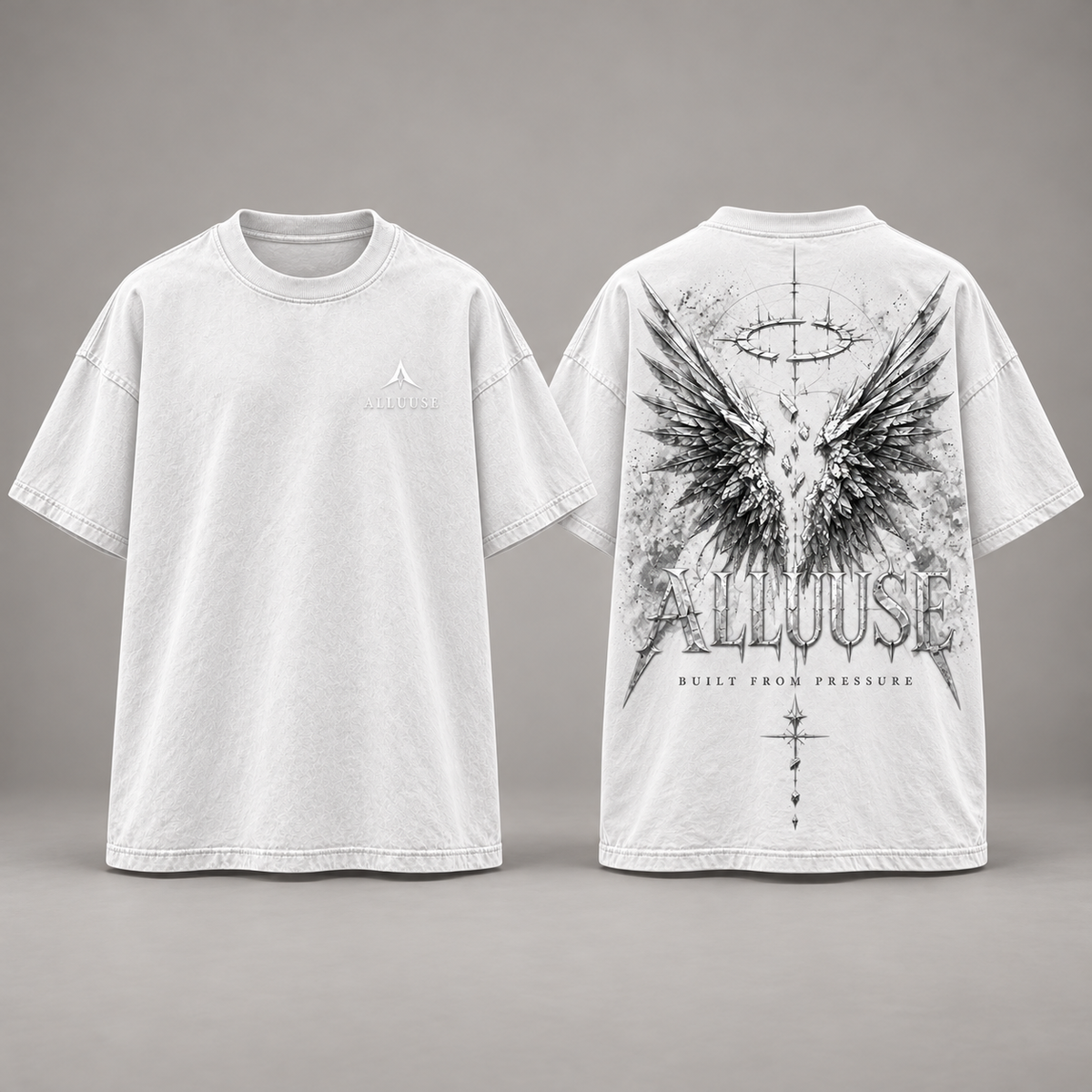 ALLUUSE Built From Pressure T-shirt in White, front and back