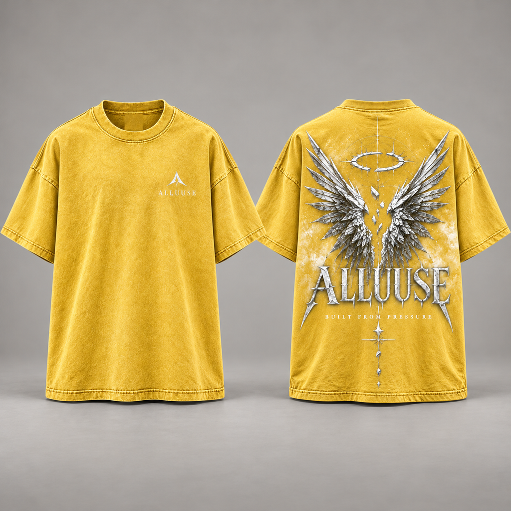 ALLUUSE Built From Pressure T-shirt in Yellow, front and back