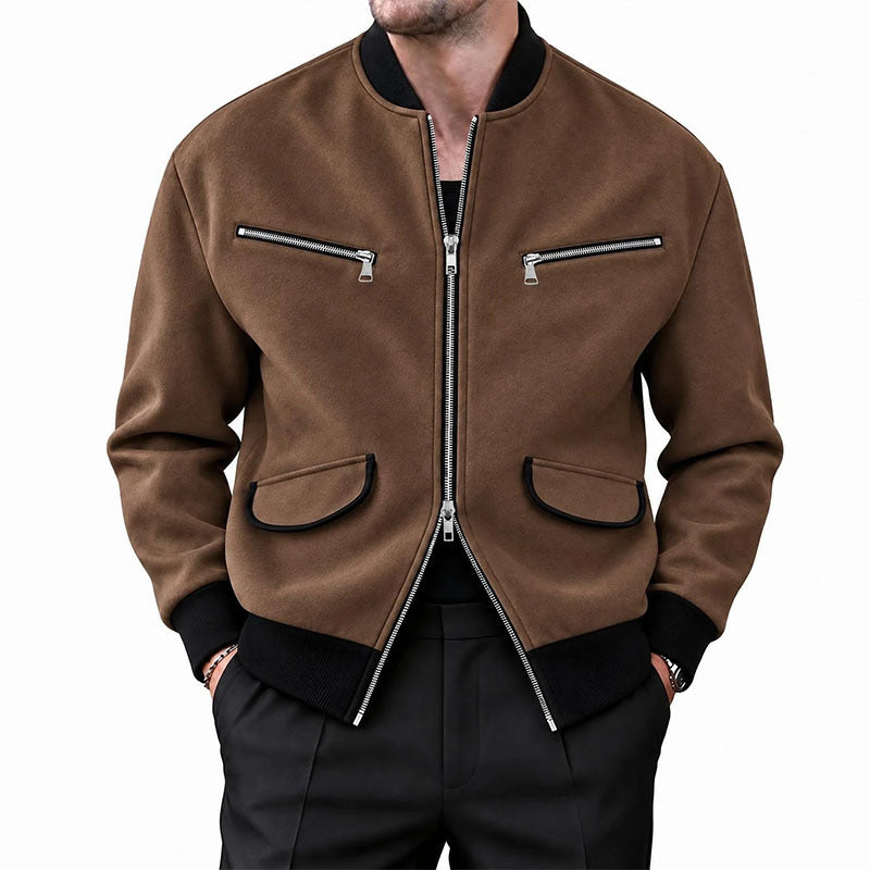 Men's Stand Collar Zipper Jacket Solid Color Casual Long Sleeve Outerwear