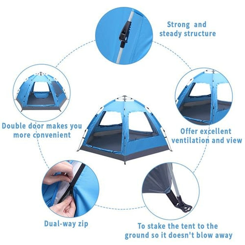 Blue Instant Pop-Up Family Camping Tent with Two Doors